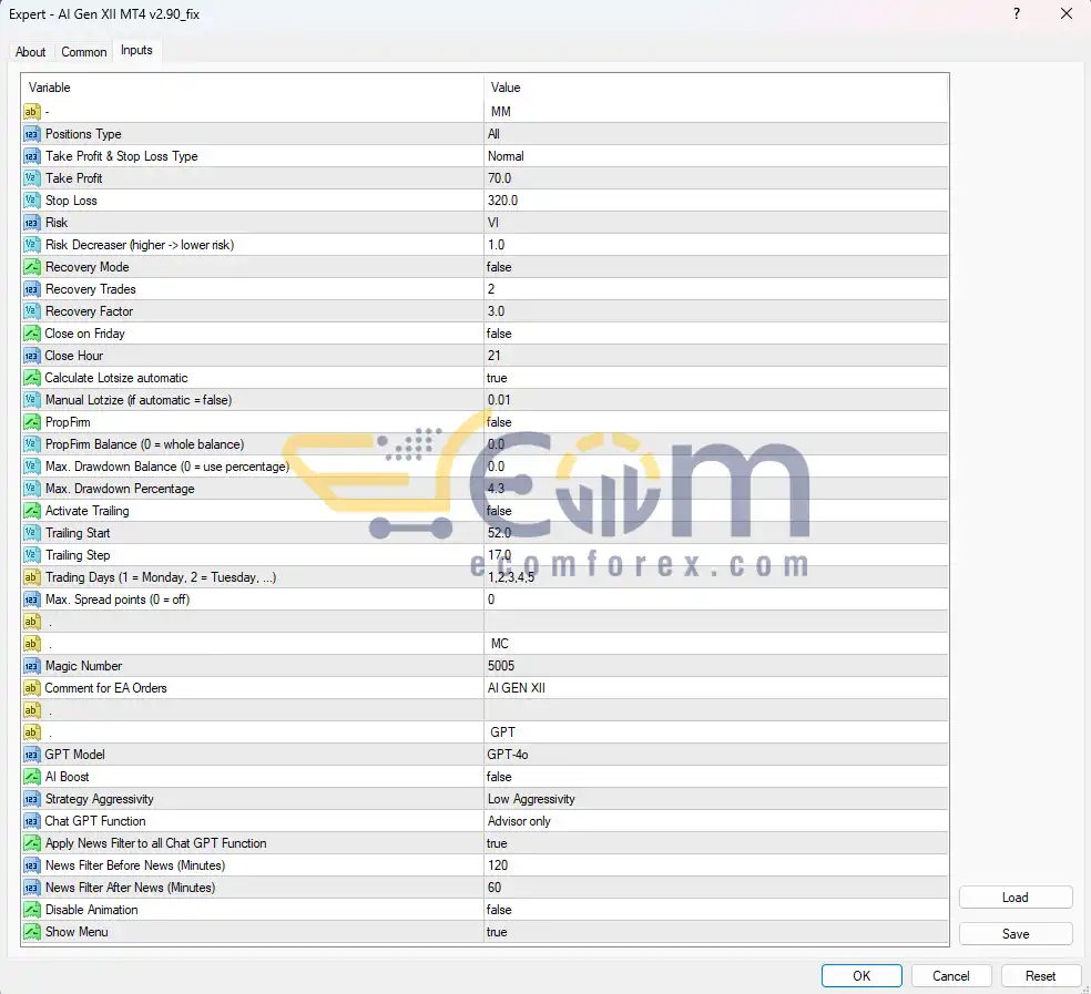 AI GEN PROX EA MT4 Inputs