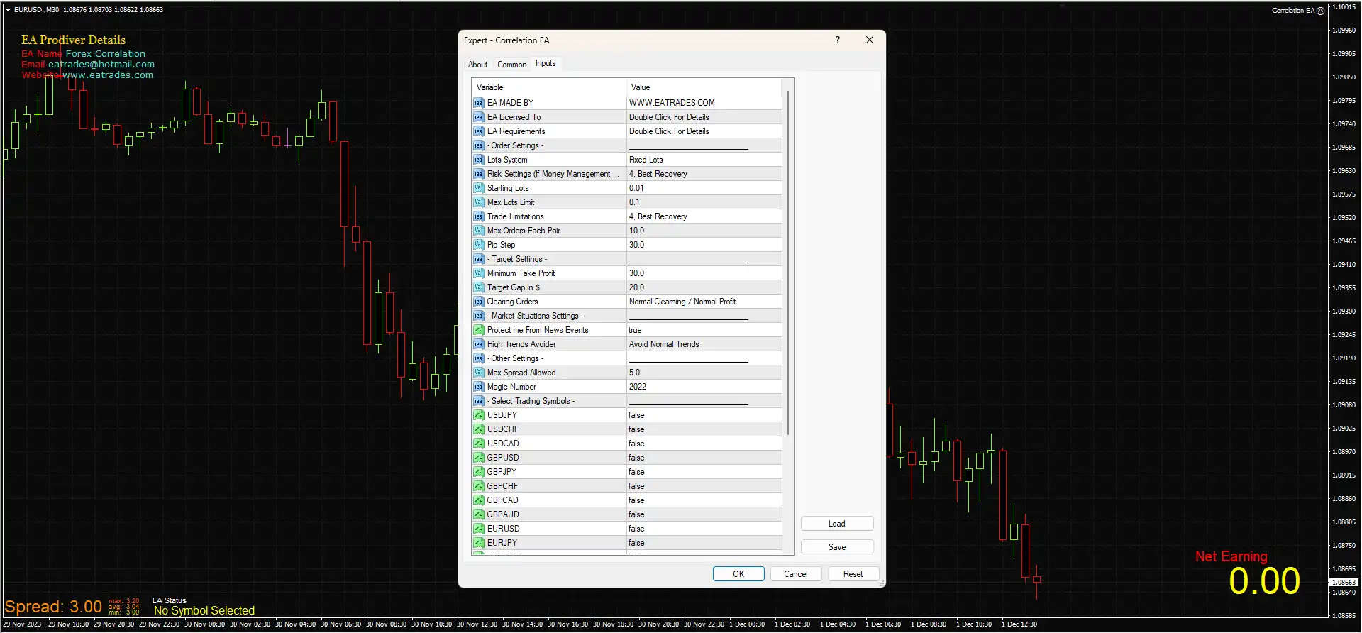 Forex Correlation EA MT4 Inputs