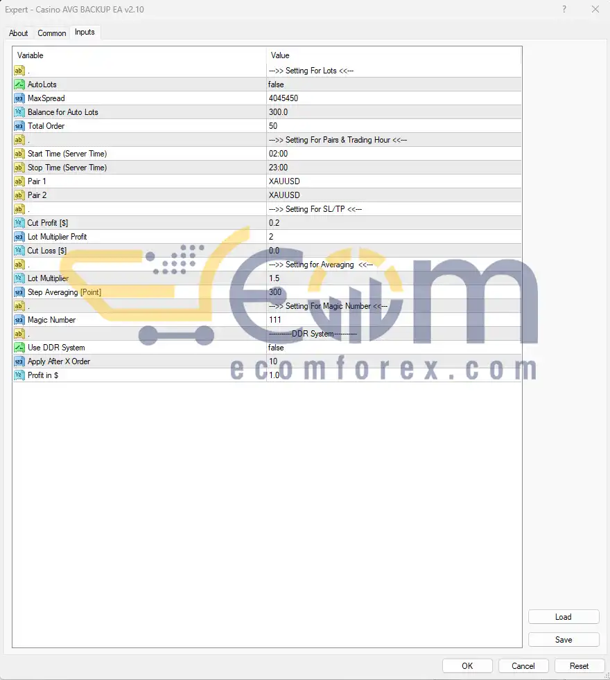 Casino AVG BACKUP EA MT4 Inputs