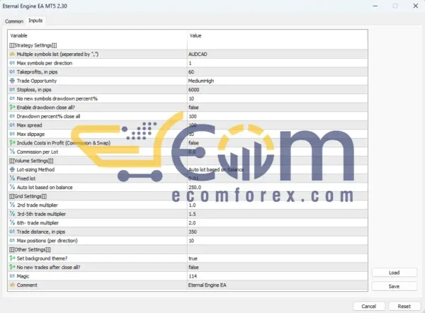 Eternal Engine EA MT5 Inputs