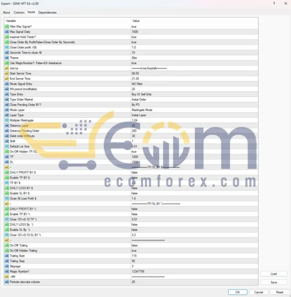 SEMI HFT EA MT4 Inputs