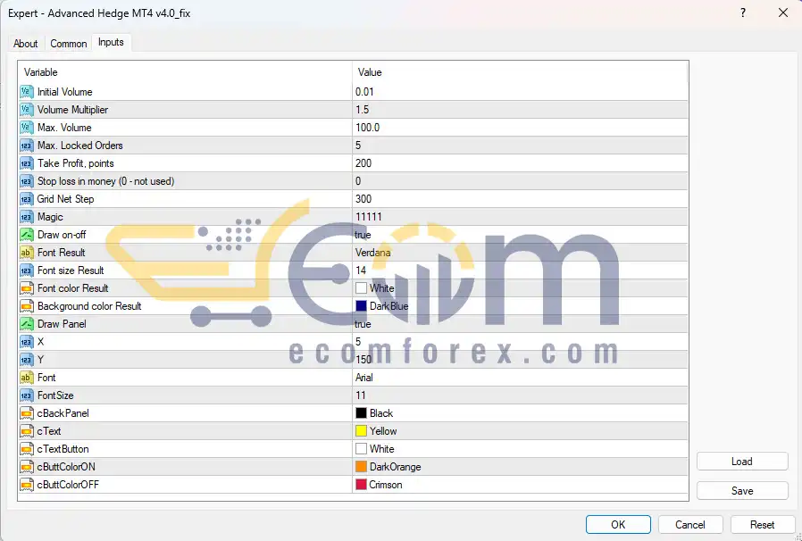 Advanced Hedge MT4 Inputs