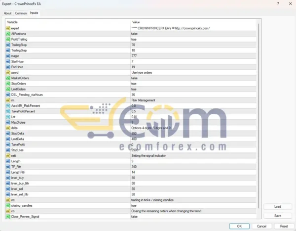 CrownPrinceFx EA MT4 Inputs