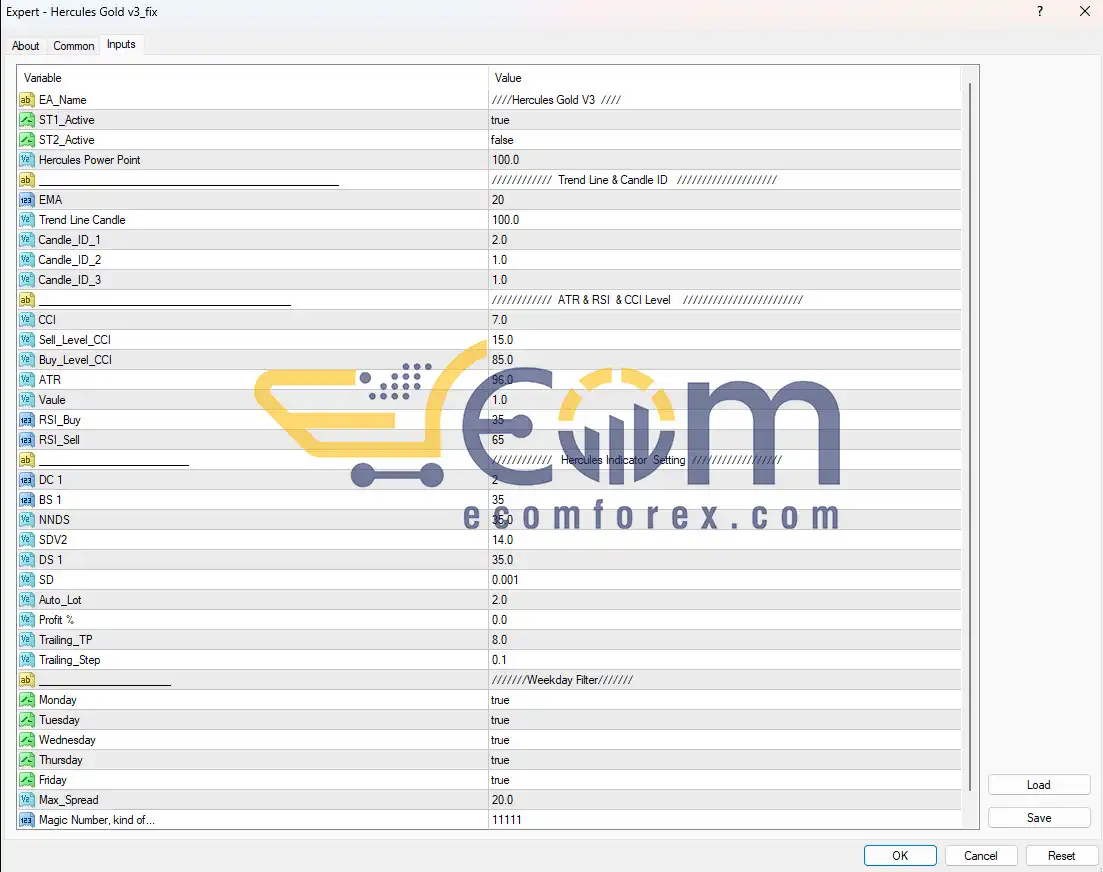 Hercules Gold MT4 Inputs