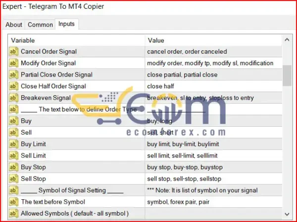 Telegram To MT4 Copier EA Inputs