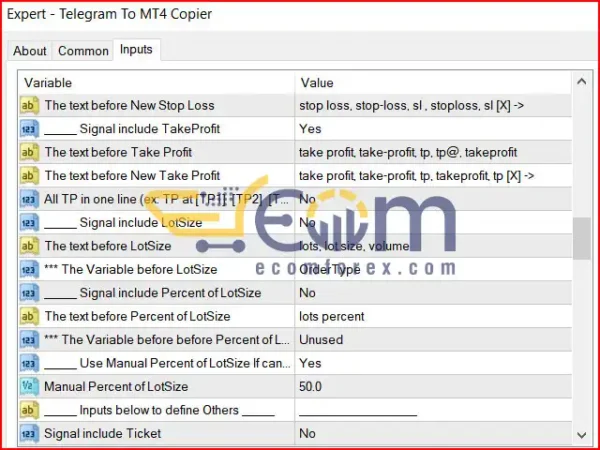 Telegram To MT4 Copier EA V6.117 Inputs