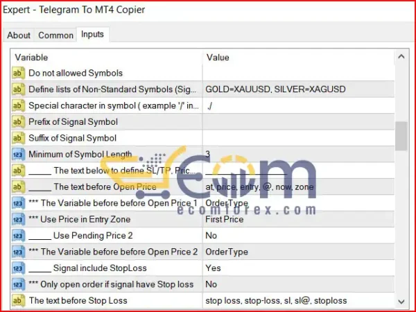 Telegram To MT4 Copier Inputs