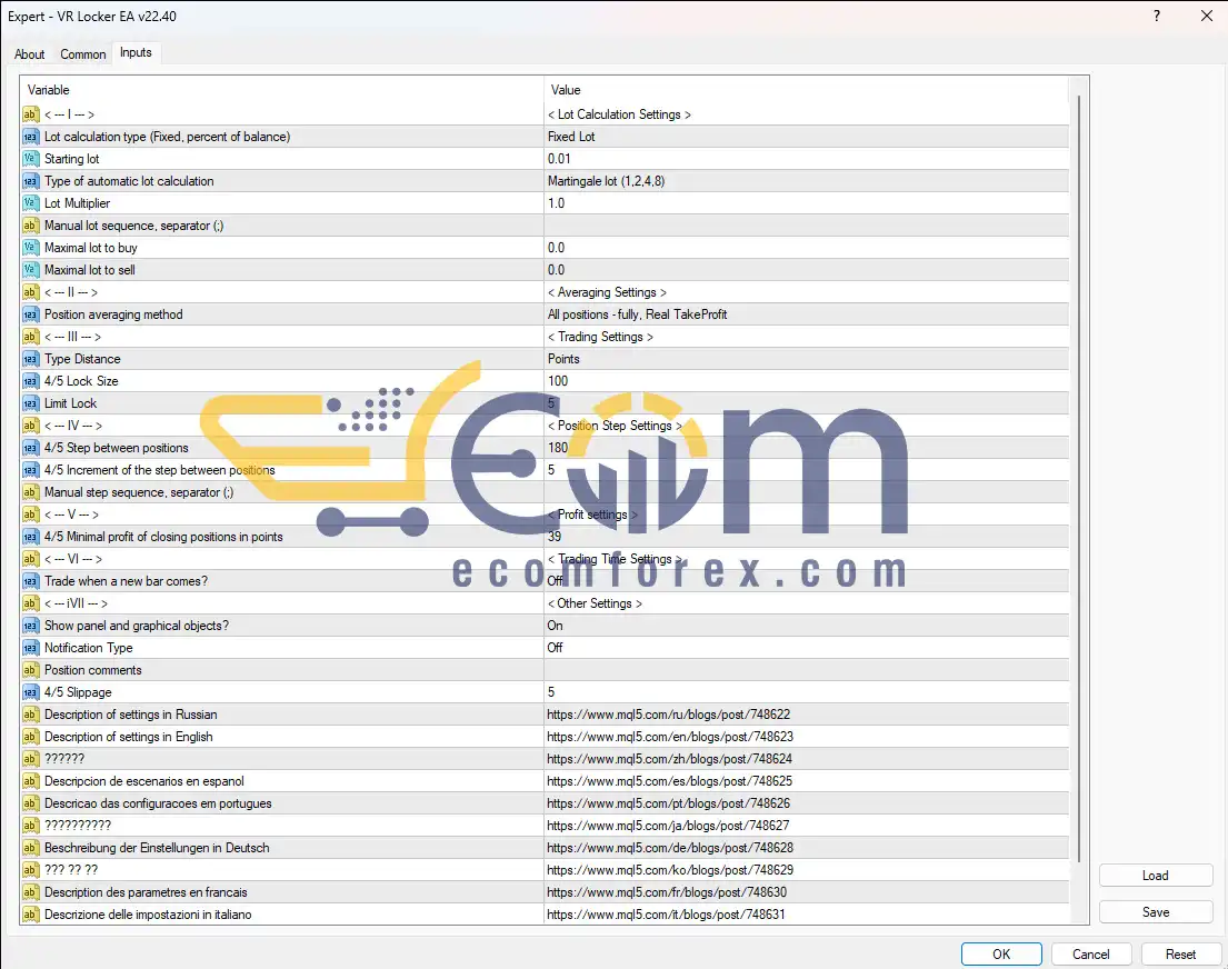 VR Locker EA MT4 Inputs