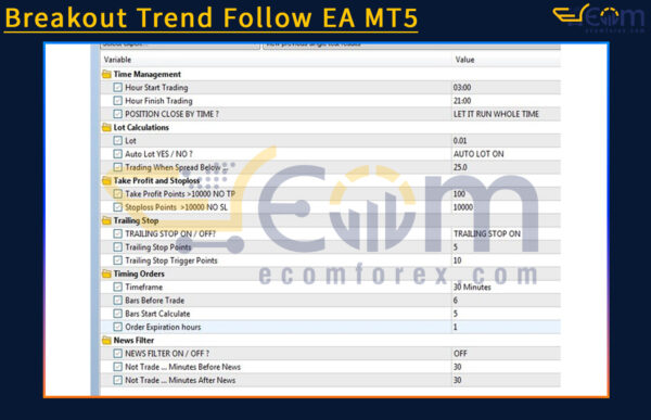 Breakout Trend Follow EA MT5 Input