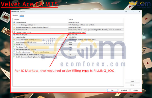 Velvet Ace EA MT5 Input