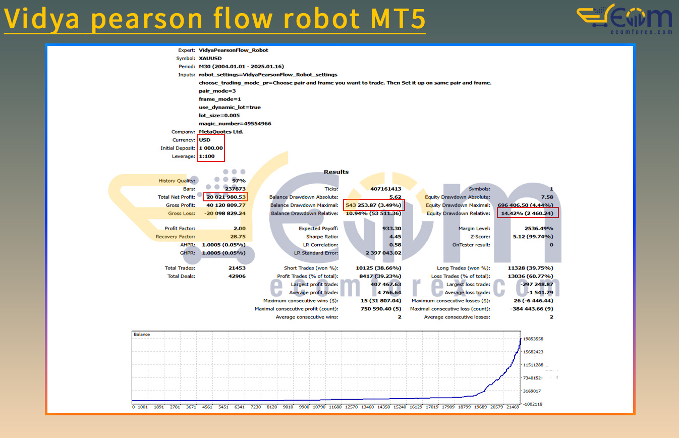 Vidya pearson flow robot MT5 Backtest Result