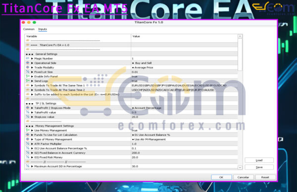 TitanCore Fx EA MT5 Input