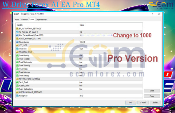 W Drive Forex AI EA Pro MT4 Input
