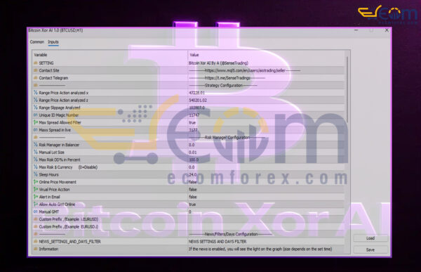 Bitcoin Xor AI EA MT5 Input