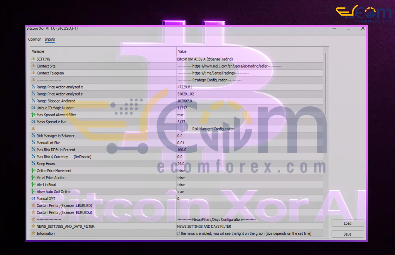 Bitcoin Xor AI EA MT5 Input