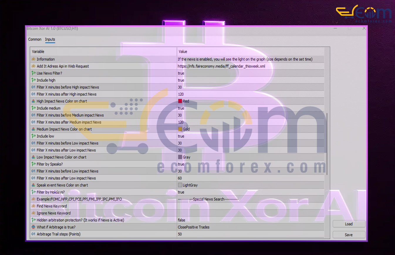 Bitcoin Xor AI EA MT5 Inputs