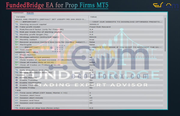 FundedBridge EA for Prop Firms MT5 Input