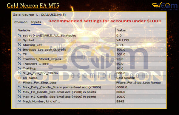 Gold Neuron EA MT5 Input