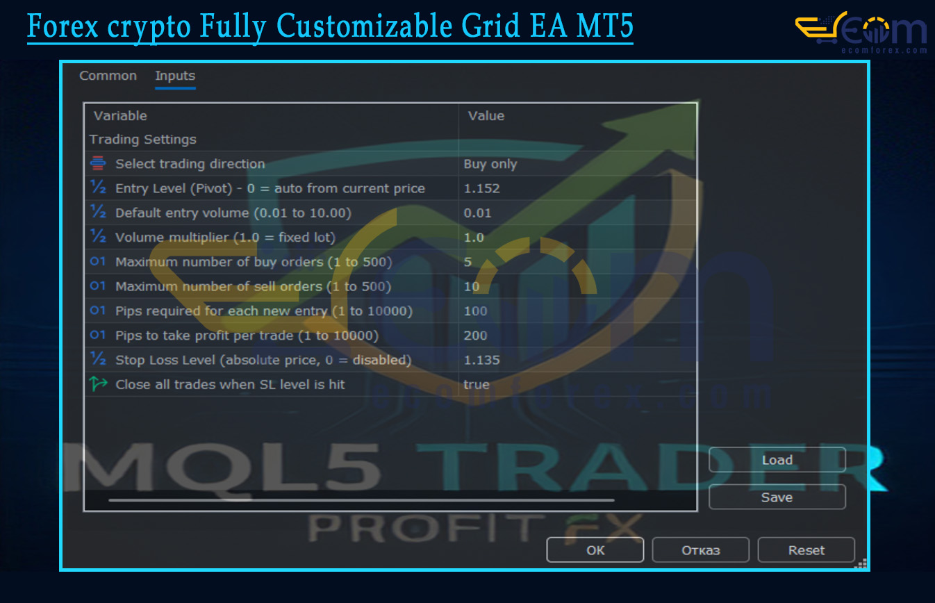 Forex crypto Fully Customizable Grid EA MT5 Input