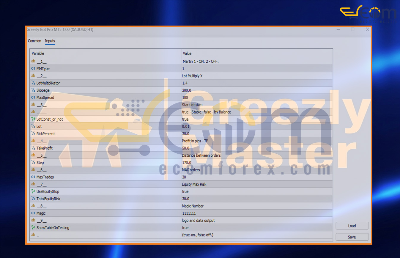 Greezly Bot Pro MT5 Input