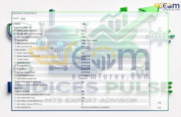Indices Pulse EA MT5 Inputs