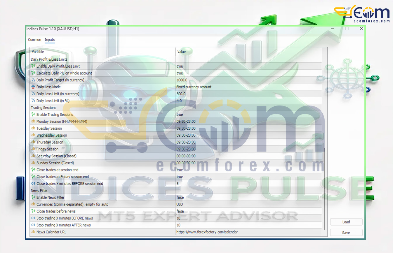 Indices Pulse EA MT5 Inputs