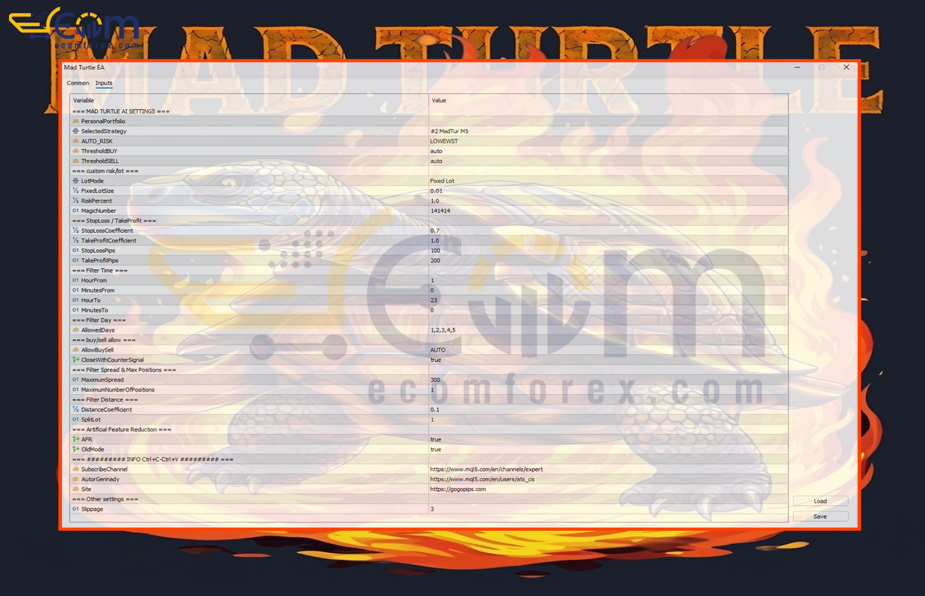 Mad Turtle EA MT5 Inputs