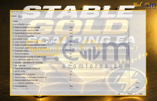 Stable Gold Scalping EA MT5 Input