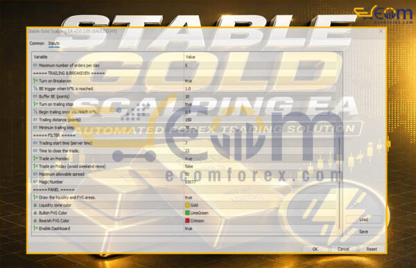 Stable Gold Scalping EA MT5 Inputs