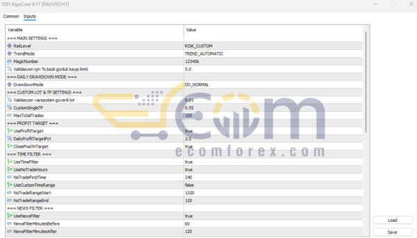 YZH AlgoCore EA MT5 Input