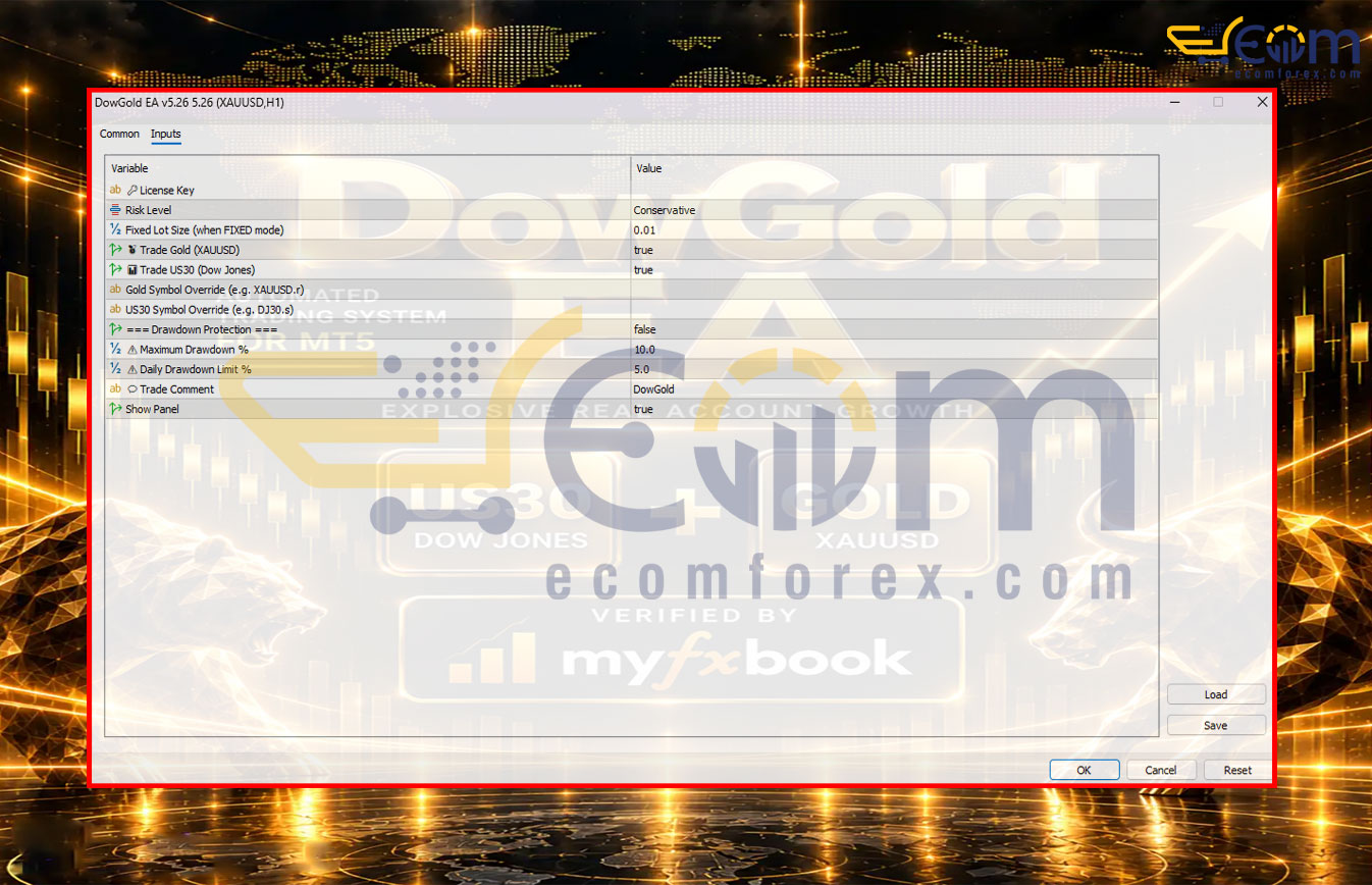 DowGold EA MT5 Inputs